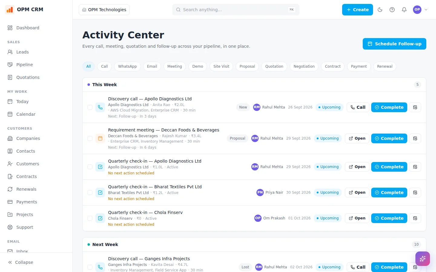 OPM CRM activities with calls, meetings and follow-ups