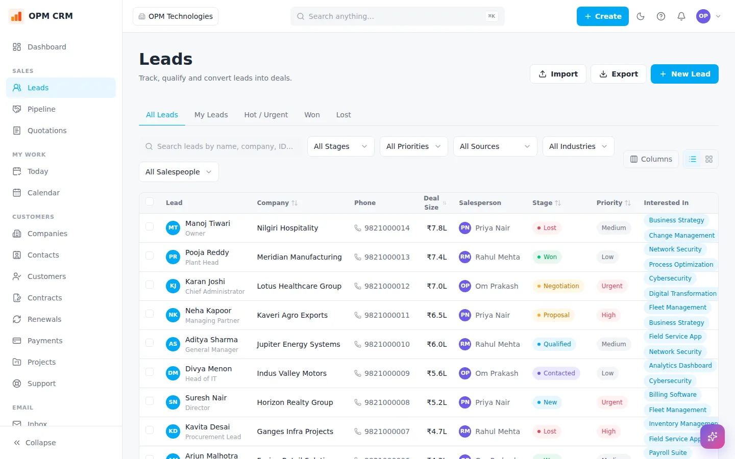 OPM CRM leads list with source, status and owner